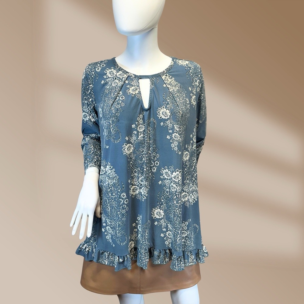 PinkBlush Ladies Maternity Long-Sleeve Top Blue Floral Paisley Print Sz Medium